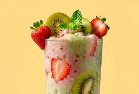 A finished smoothie topped with strawberries, kiwi and mint