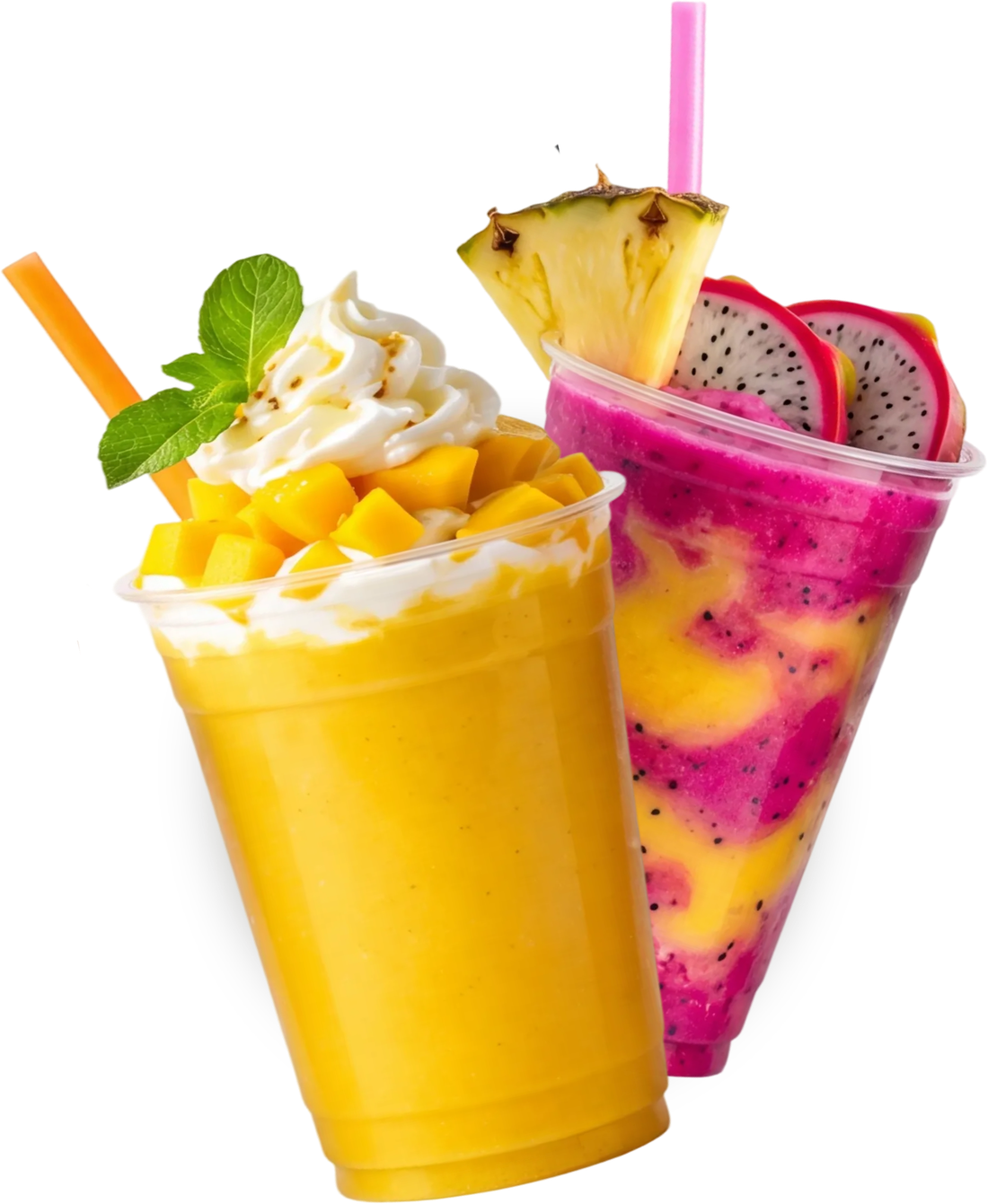 A mango and a dragonfruit smoothie