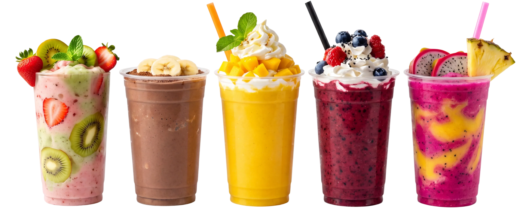 A row of blended smoothies